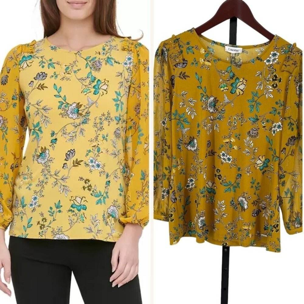Calvin Klein Floral Print Blouse Top Womens sz S Mustard Smocked Balloon Sleeve